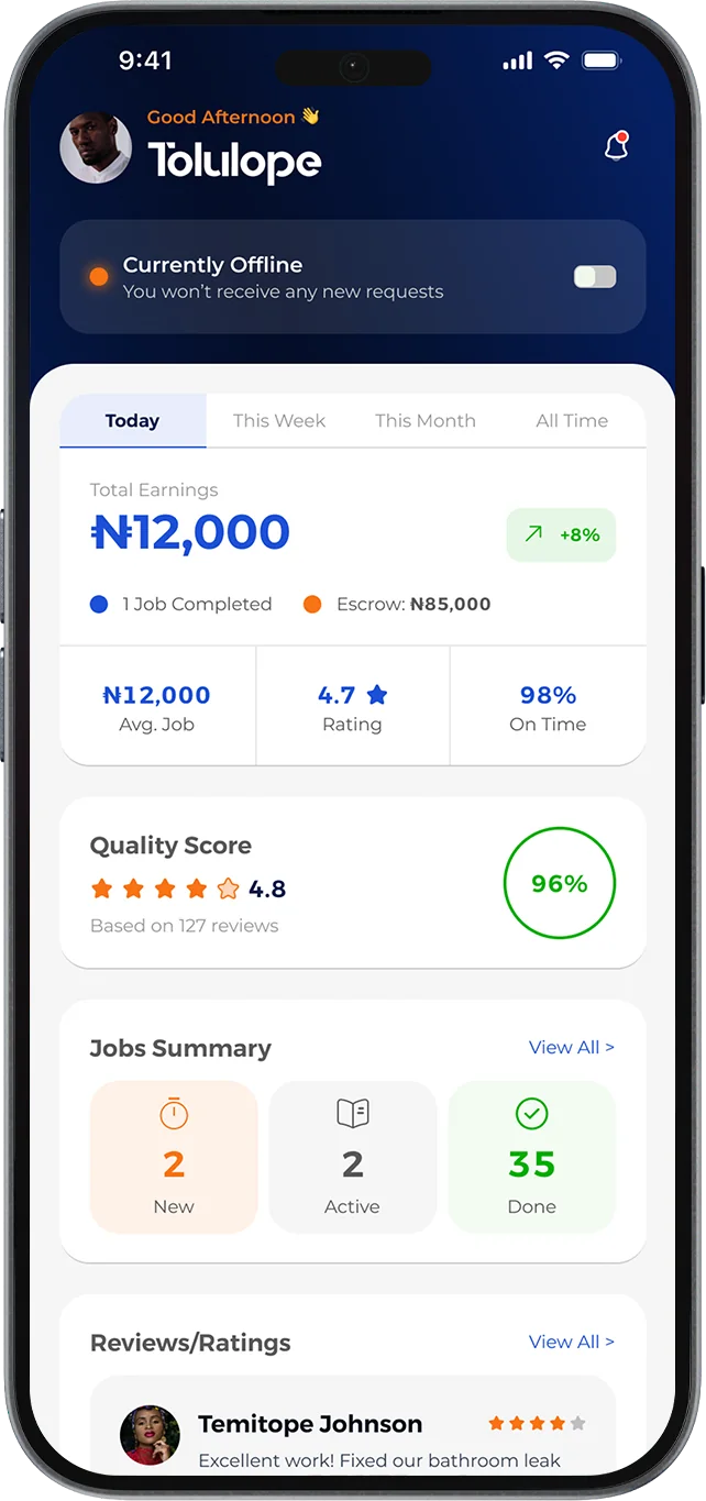 The Arteesa artisan app showing earnings, quality score and a jobs summary